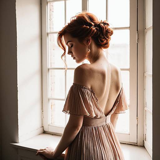 Redhead Woman in Backless Bohemian Dress by Window