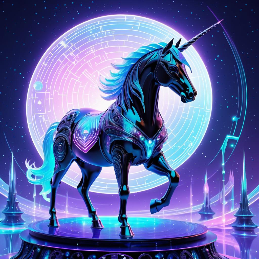 Futuristic Holographic Unicorn in Alien Worlds