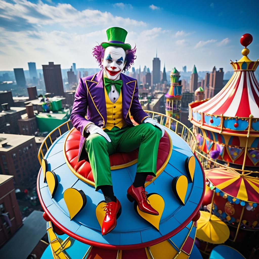 Whimsical Joker on Carnival Ride Rooftop