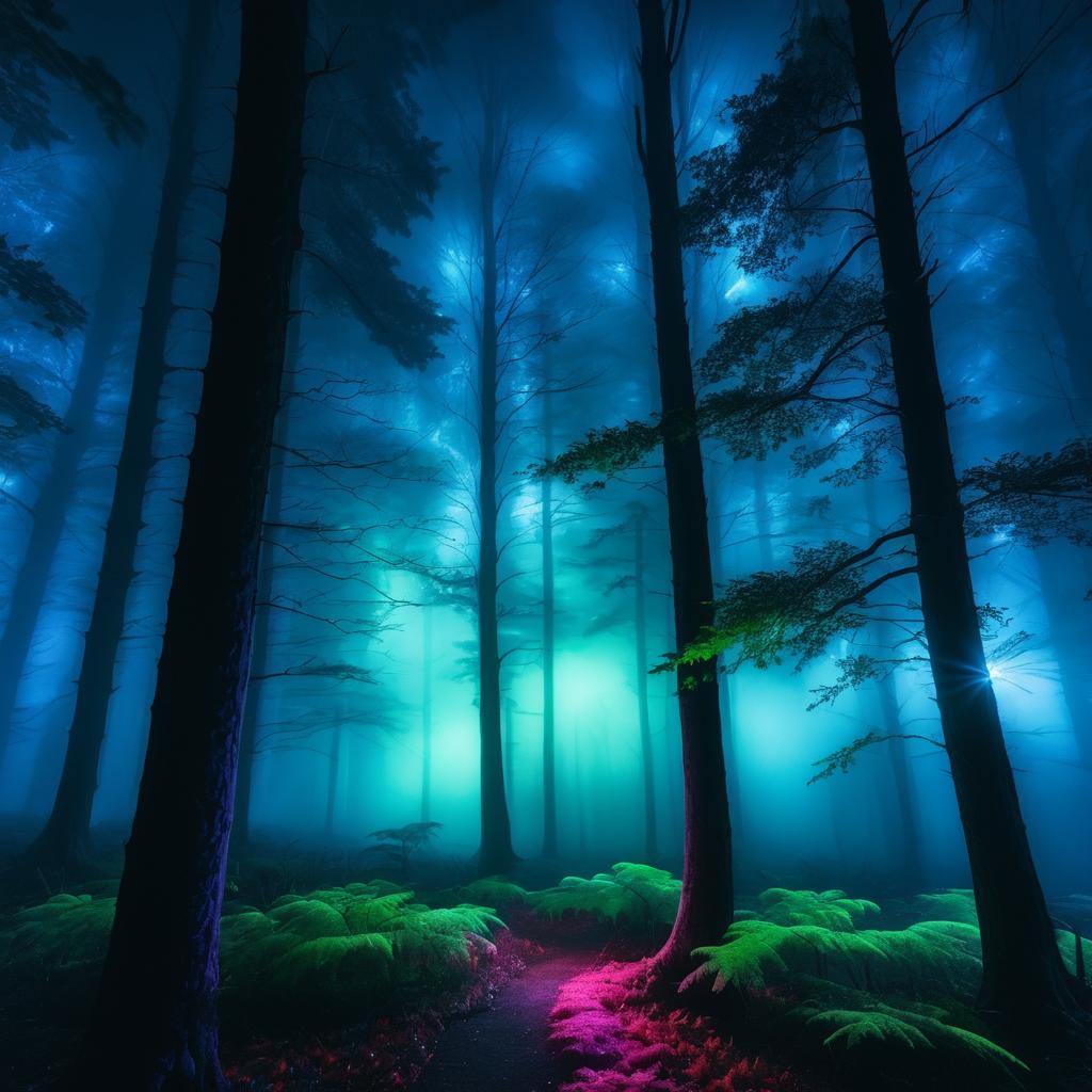 Enchanted Foggy Forest with Neon Lights