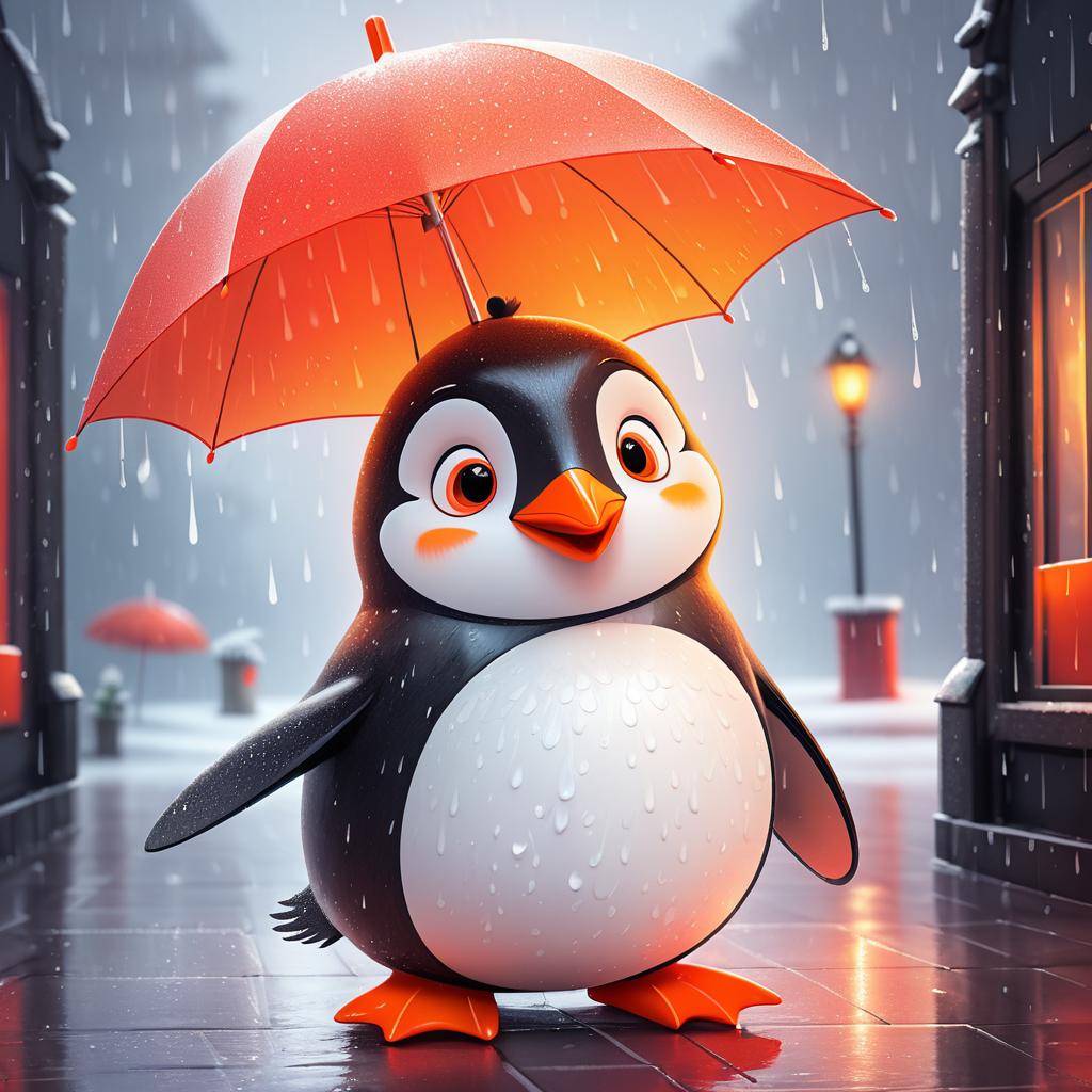 Cheerful Penguin Under a Red Umbrella