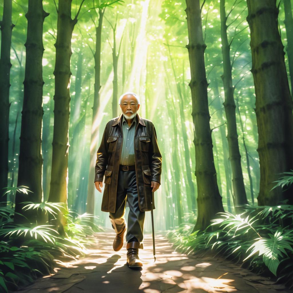 Reflective Elderly Man in Forest Scene