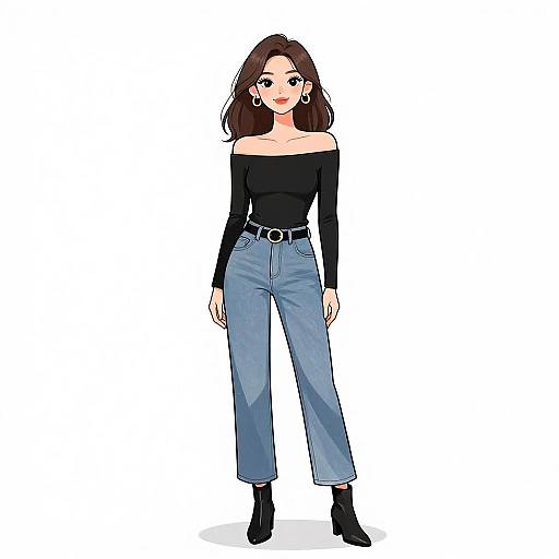 Digital illustration of a young woman with shoulder-length brown hair, wearing an off-shoulder black top, high-waisted blue jeans, black belt