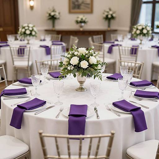 Elegant banquet table setup with white tablecloths, purple napkins, crystal glasses, white floral centerpieces, and gold chiavari chairs.