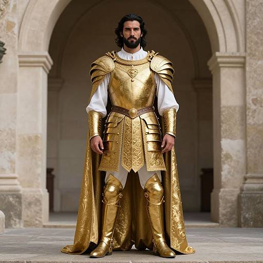 Photograph of a bearded man in elaborate, golden medieval armor with a white shirt, standing in an arched stone courtyard.