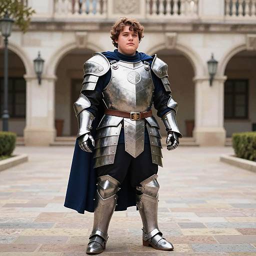 Photograph of a young man with curly brown hair in shiny silver medieval armor and a blue cape, standing in a stone courtyard with an arched building