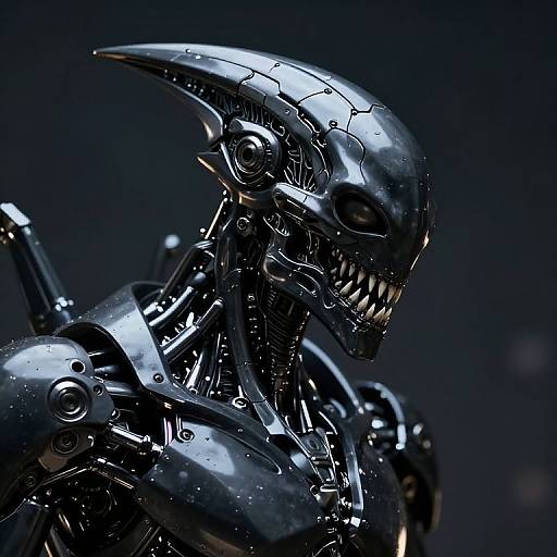 Photorealistic CGI of a menacing, metallic, alien-like robot with a sharp, curved helmet, exposed wires, and glowing eyes, against a dark