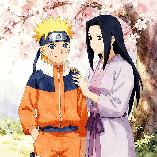 Digital anime drawing of Naruto with spiky blonde hair and orange ninja outfit, standing next to Hinata with long black hair, wearing a white kimono