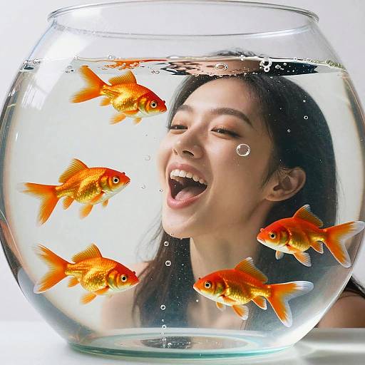 Photograph of a smiling Asian woman with long black hair, eyes closed, surrounded by five vibrant orange goldfish in a clear glass bowl.