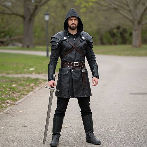 Photograph of a bearded man in black medieval armor, hood up, holding a sword, standing on a park path.