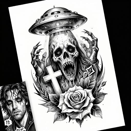 Black-and-white ink drawing: Skull with glowing eyes, clawed hands, and UFO hat, surrounded by roses, with a shocked man's face below