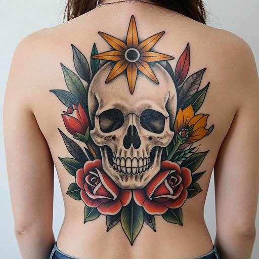 Vibrant Skull and Floral Back Tattoo