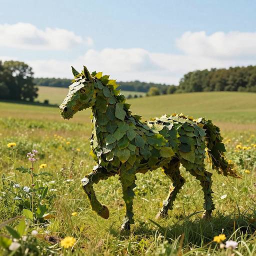 Leaf Horse Sculpture in Sunlit Meadow