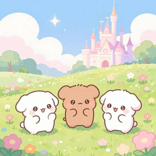 Adorable pastel-colored digital illustration of three cute, fluffy, cartoon animals (two white, one brown) standing on a colorful flower field with a