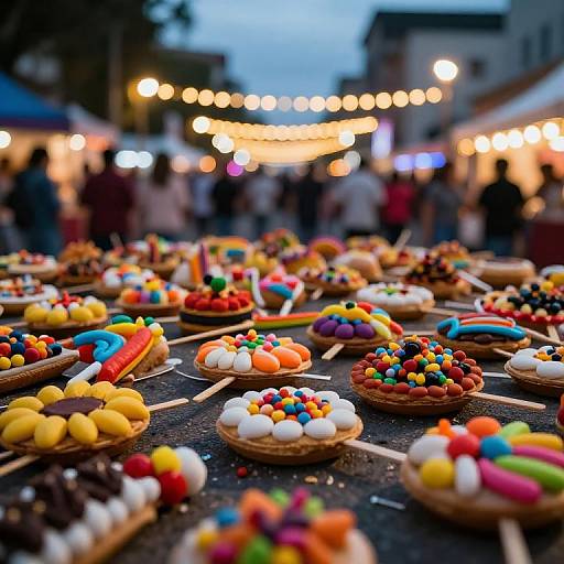 Photograph of colorful, festive desserts with candies, sprinkles, and icing on a street market table, blurred string lights and people in the background at