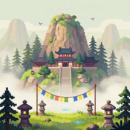 Pixel Art Mountain Monastery Scene