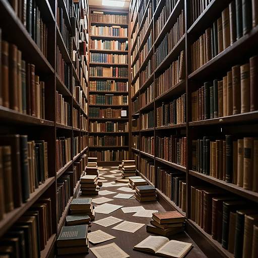 Photograph of a dimly lit, narrow library aisle with tall wooden bookshelves on both sides, stacked books on the floor, sunlight streaming from