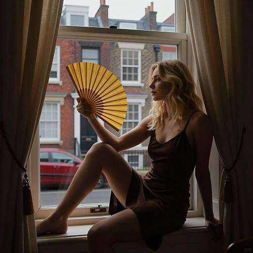 Evening Elegance: Blonde Woman with Fan