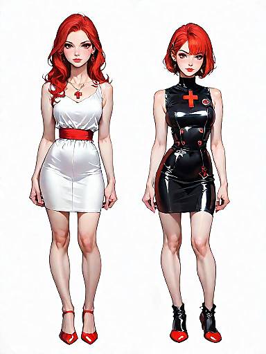Two Red-Haired Women in Glossy Party Dresses