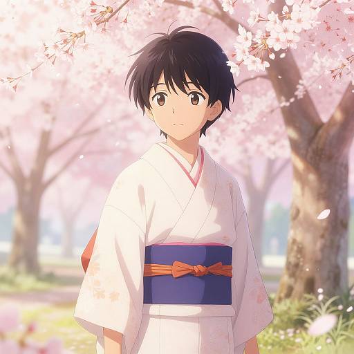Anime-style digital drawing of a young boy with black hair, wearing a white kimono with a blue obi, standing under cherry blossoms in a