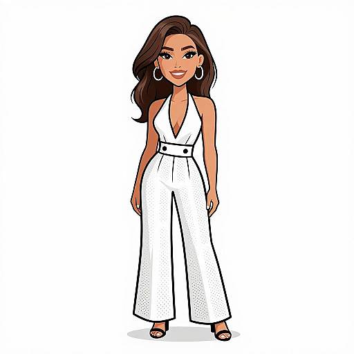 Digital illustration of a confident woman with long brown hair, wearing a white halter jumpsuit, black belt, hoop earrings, and black sandals, standing