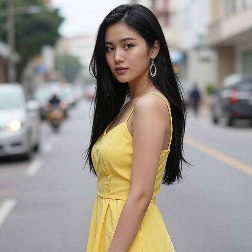 Photograph of an Asian woman with long black hair, wearing a yellow dress, standing on a busy urban street, blurred cars and buildings in the background