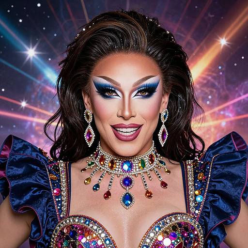 Vibrant photograph of a glamorous woman with dark hair, dramatic blue eyeshadow, sparkling jewelry, and a colorful, sequined dress against a