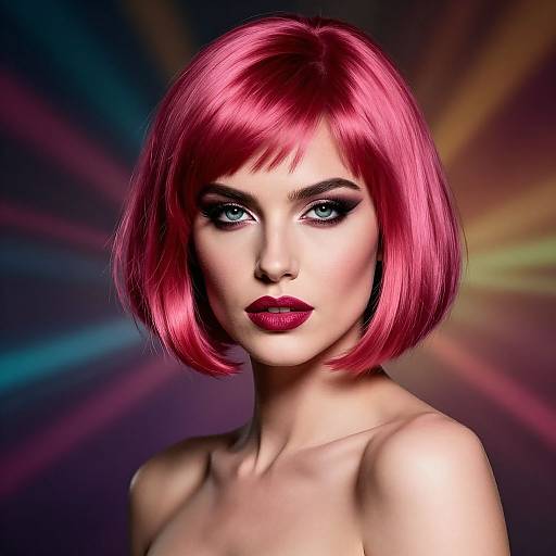 Photograph-style digital artwork of a fair-skinned woman with vibrant pink bob haircut, bold red lipstick, and striking blue eyes, set against a colorful