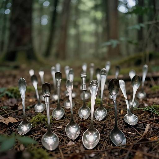 Photograph of a forest floor featuring numerous glowing silver spoons, illuminated from within, scattered amid moss and pine needles.