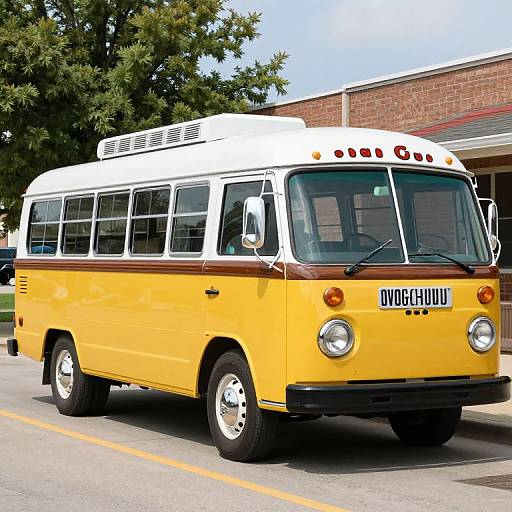 Photograph of a bright yellow vintage bus with white roof and brown trim, parked on a suburban street with a brick building and tree in the background.