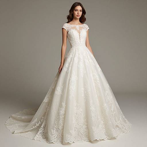 Photograph of a brunette woman in an elegant, white lace wedding gown with a full skirt and high neckline, standing against a plain gray background.