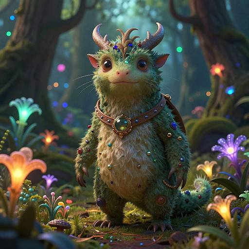 Digital art of a cute, green, furry, horned creature with a jeweled collar in a magical forest filled with glowing flowers and colorful lights.