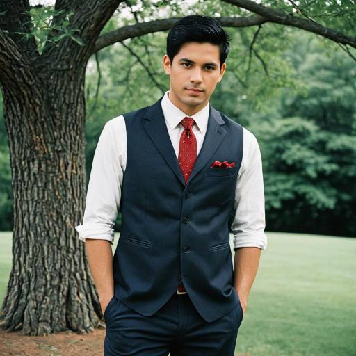 Handsome Groom in Vest and Red Tie Outdoors