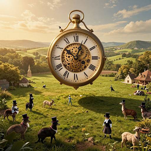 Whimsical photograph: oversized gold pocket watch with Roman numerals, floating above a sunlit, rolling countryside, filled with sheep, top-hatted