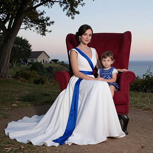 Photograph of a smiling woman in a white dress with blue sash, sitting on a red armchair, holding a young girl in a blue dress
