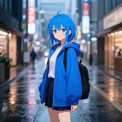 Anime-style digital artwork of a blue-haired girl with blue jacket, white shirt, black skirt, and backpack, standing in a rainy urban night street with