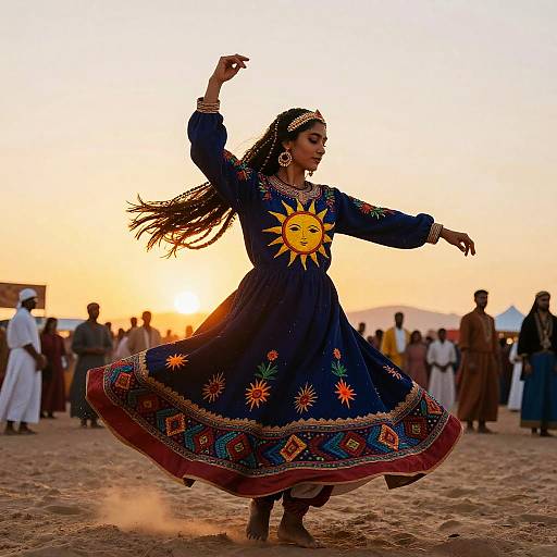Desert Festival Dancer in Traditional Sun Symbol Dress