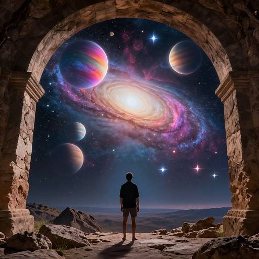 Silhouetted person stands under stone arch, gazing at vibrant, colorful galaxy with glowing stars and planets in a nighttime desert landscape. Digital artwork