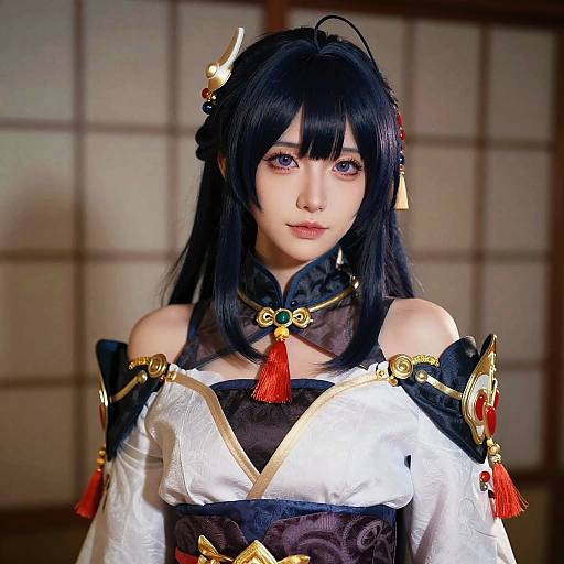 Photograph of an Asian woman in detailed anime cosplay, featuring black hair, purple eyes, white and black ornate dress with gold accents and red t
