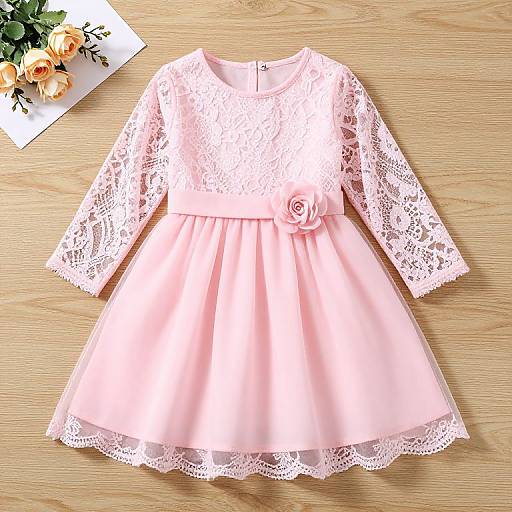 Photograph of a pink, lace-trimmed, long-sleeved, floral-embellished child's dress on a wooden surface with a