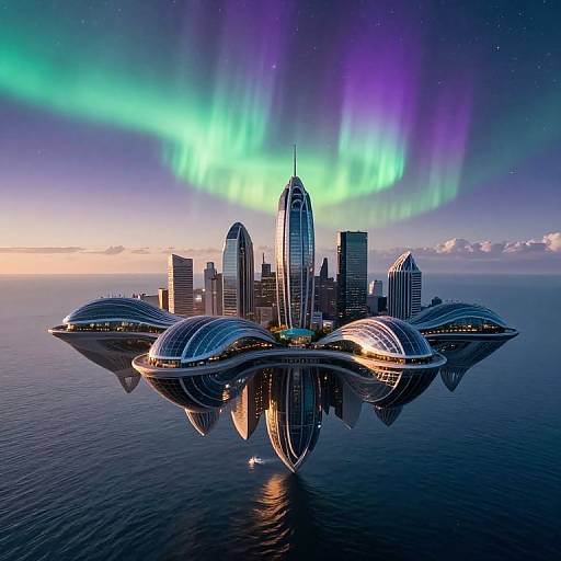 Dreamlike Floating City with Aurora