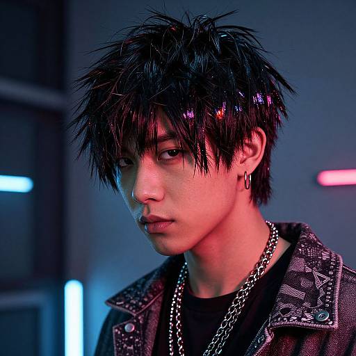 Photograph of an androgynous young person with spiky black hair, wearing a studded leather jacket, chain necklace, and earring,