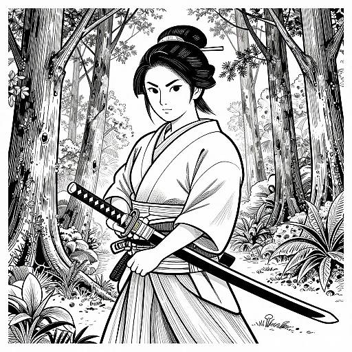 Black-and-white ink drawing of a Japanese woman in a kimono, holding a katana, standing in a dense forest. Her expression is calm,