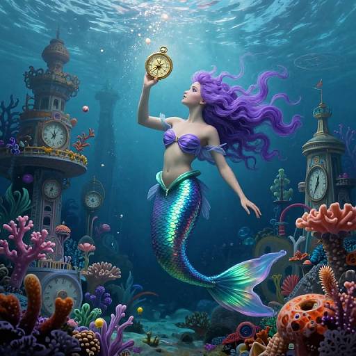 Digital artwork: A purple-haired mermaid with a shimmering blue-green tail holds a vintage clock, surrounded by colorful coral reefs and underwater clock towers in