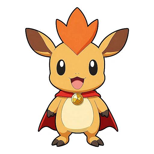Digital illustration of a cute, chubby, yellow, mouse-like Pokémon with a red crest, large black eyes, red cape, and gold bell, standing