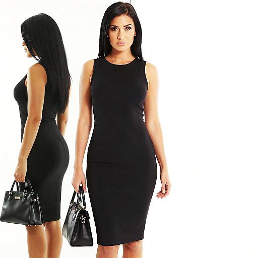 Photograph of a black-haired woman in a form-fitting black sleeveless dress, holding a black handbag, shown from front and side.