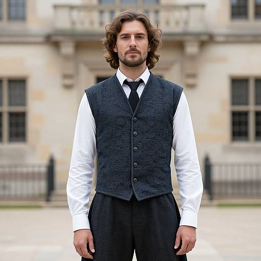 Photograph of a serious, curly-haired man with a beard, wearing a black tweed vest over a white shirt and black tie, standing in front