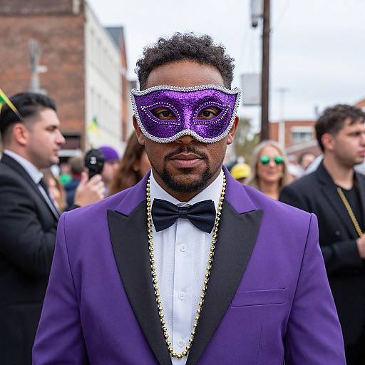 Photograph of a Black man with curly hair, wearing a purple masquerade mask, purple tuxedo, black bow tie, and gold chain