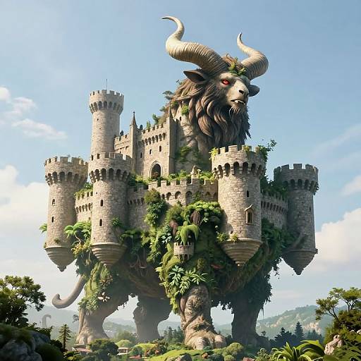 Fantastical CGI image of a towering, castle-topped, horned beast with a lion's mane, surrounded by lush greenery, under a