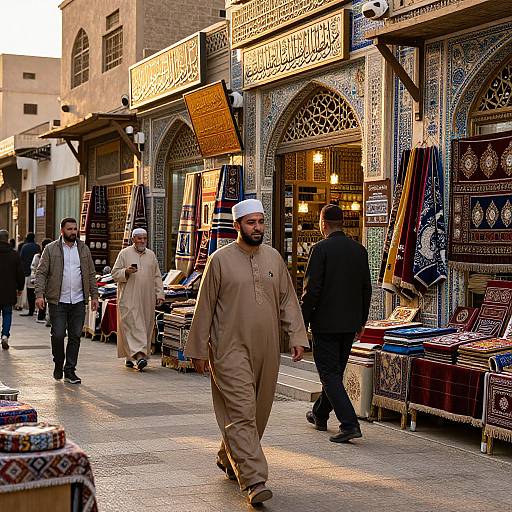 Photograph of a bustling Middle Eastern bazaar with men in traditional attire, colorful patterned textiles, and ornate shop signs.
